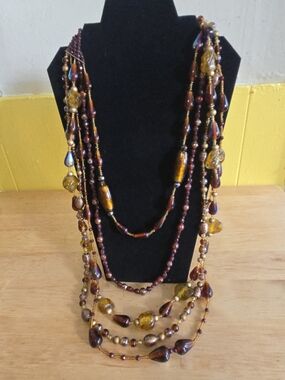 Multi-Strand Amber & Brown Glass Bead Necklace - Women Jewelry
